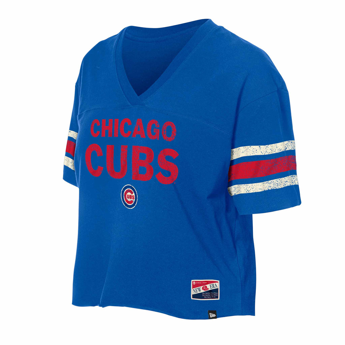 Chicago Cubs Women's New Era Crop Top V Neck T Shirt