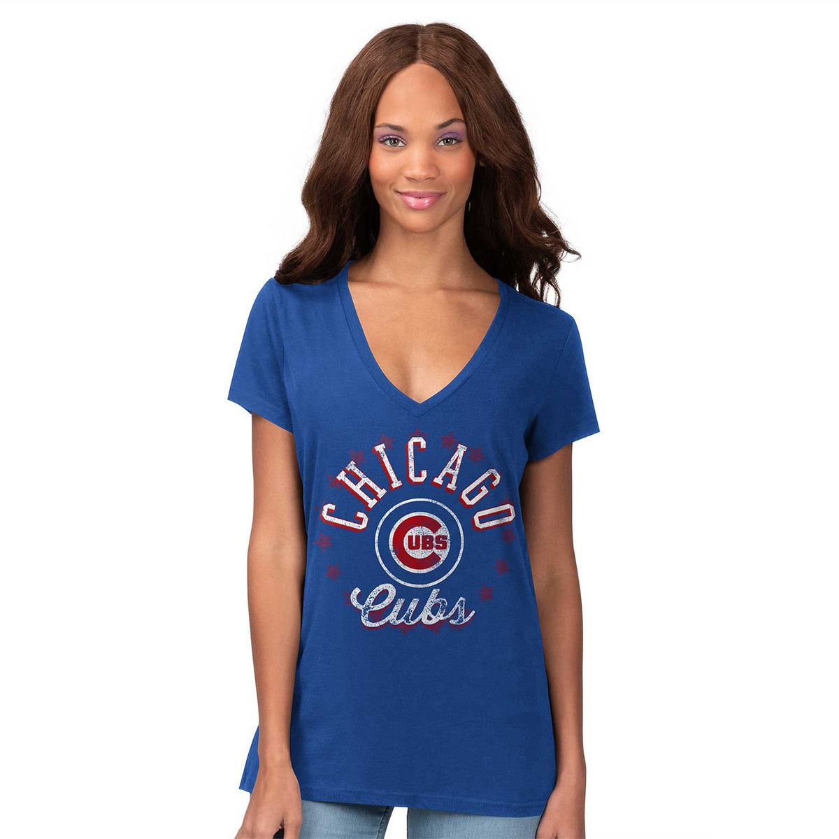 Chicago Cubs Ladies Fair Catch V-Neck T-Shirt