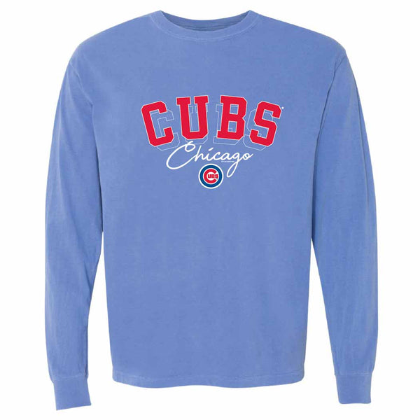 Chicago Cubs Ladies Comfort Colors Pigment Dye Peri Blue Long Sleeve T Shirt