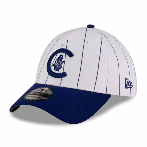 Chicago Cubs New Era 39THIRTY White Pinstripe 1908 Bear in C Stretch Fit Cap