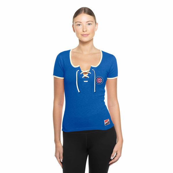Chicago Cubs Women's New Era String Cropped T Shirt