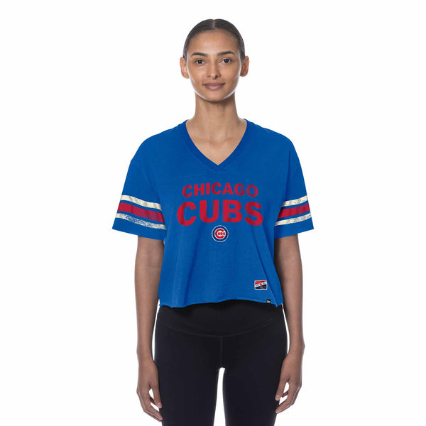 Chicago Cubs Women's New Era Crop Top V Neck T Shirt