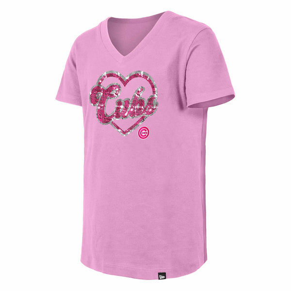 Chicago Cubs Youth Girls New Era Sequin Pink Heart T Shirt
