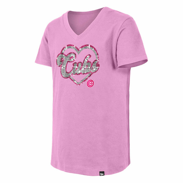 Chicago Cubs Youth Girls New Era Sequin Pink Heart T Shirt