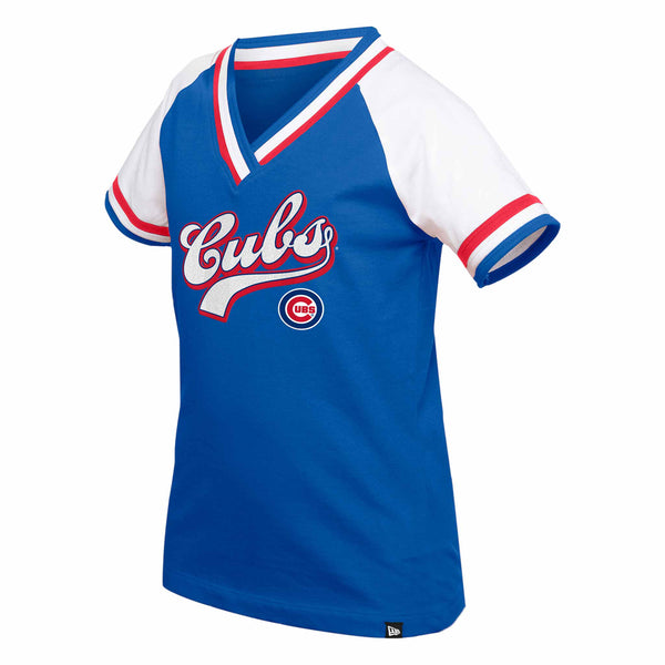 Chicago Cubs Youth Girls New Era Script V Neck T Shirt
