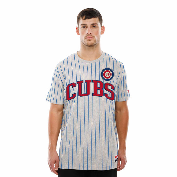Chicago Cubs New Era Grey Bullseye Pinstripe Throwback Short Sleeve T Shirt