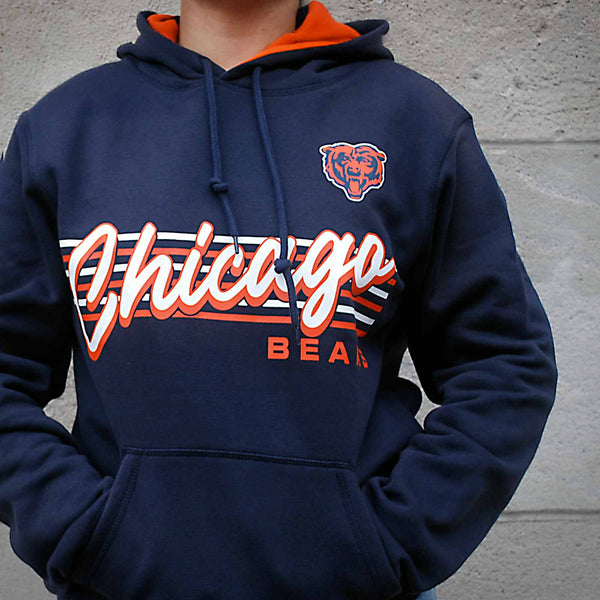 Chicago Bears New Era Navy Script Stripes Hooded Sweatshirt