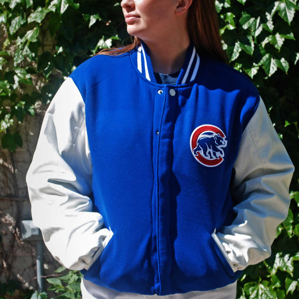 Chicago Cubs JH Royal Reversable Faux Leather Sleeves Walking Bear Bomber Jacket