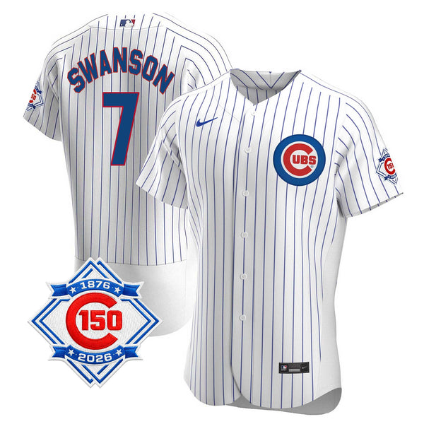 Chicago Cubs Dansby Swanson Nike Coolbase Authentic Home 150th Anniversary Patch Jersey with Authentic Lettering