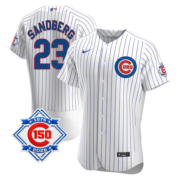 Chicago Cubs Ryne Sandberg Nike Coolbase Authentic Home 150th Anniversary Patch Jersey with Authentic Lettering
