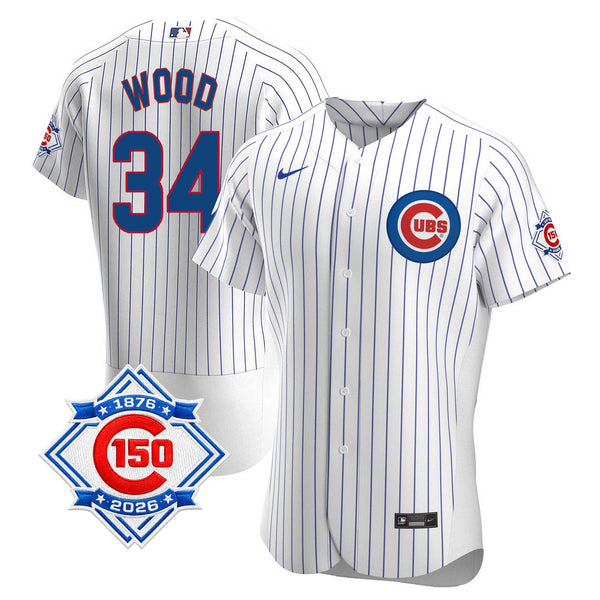 Chicago Cubs Kerry Wood Nike Coolbase Authentic Home 150th Anniversary Patch Jersey with Authentic Lettering