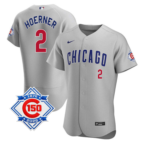Chicago Cubs Nico Hoerner Nike Coolbase Authentic Road 150th Anniversary Patch Jersey with Authentic Lettering