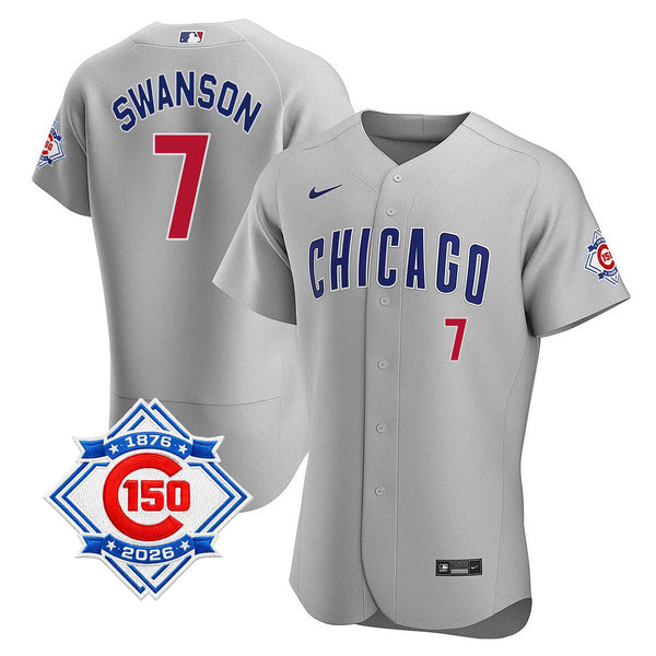 Chicago Cubs Dansby Swanson Nike Coolbase Authentic Road 150th Anniversary Patch Jersey with Authentic Lettering
