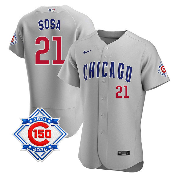 Chicago Cubs Sammy Sosa Nike Coolbase Authentic Road 150th Anniversary Patch Jersey with Authentic Lettering