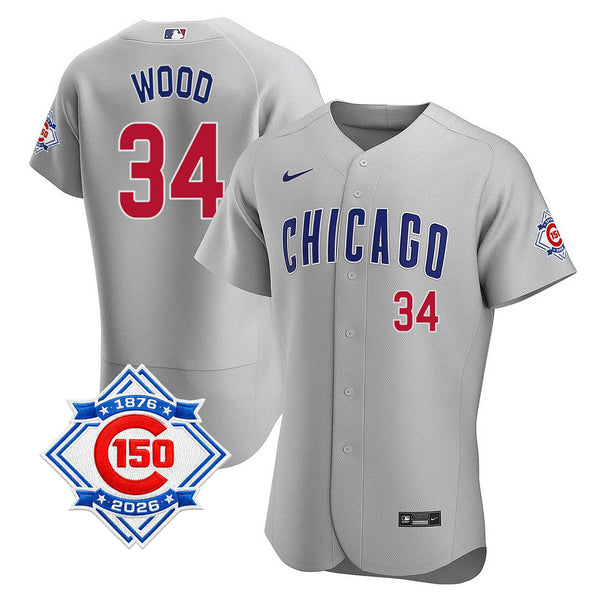 Chicago Cubs Kerry Wood Nike Coolbase Authentic Road 150th Anniversary Patch Jersey with Authentic Lettering