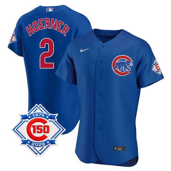 Chicago Cubs Nico Hoerner Nike Coolbase Authentic Alternate 150th Anniversary Patch Jersey with Authentic Lettering