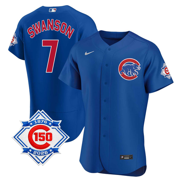 Chicago Cubs Dansby Swanson Nike Coolbase Authentic Alternate 150th Anniversary Patch Jersey with Authentic Lettering