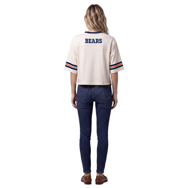Chicago Bears Mitchell And Ness Women's Retro Roots Boxy Yoke Cream Crop Top Tee Shirt