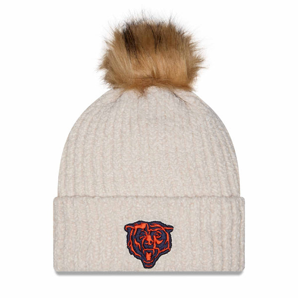 Chicago Bears New Era Primary Logo Striped Cream Knit Pom Hat