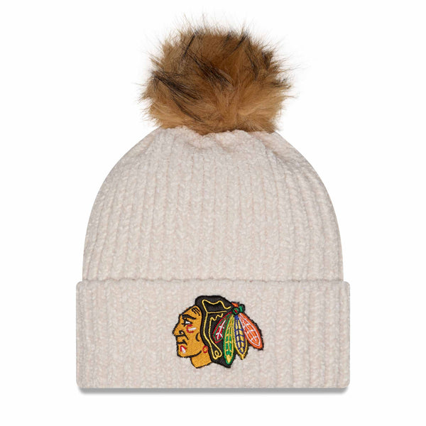 Chicago Blackhawks New Era Women's Primary Logo Striped Cream Knit Pom Hat