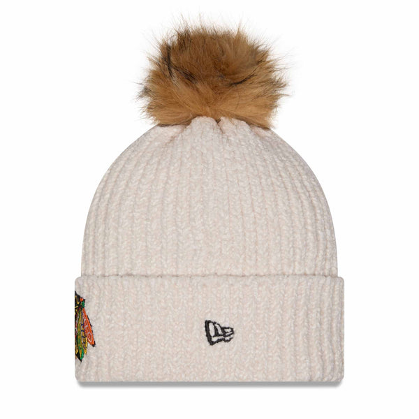 Chicago Blackhawks New Era Women's Primary Logo Striped Cream Knit Pom Hat