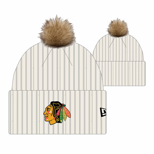 Chicago Blackhawks New Era Women's Primary Logo Striped Cream Knit Pom Hat