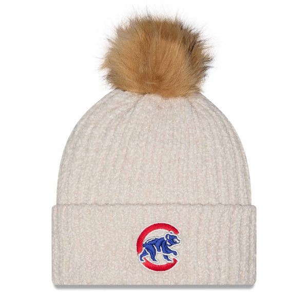 Chicago Cubs New Era Primary Logo Striped Cream Knit Pom Hat