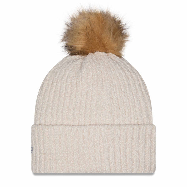 Chicago Cubs New Era Primary Logo Striped Cream Knit Pom Hat