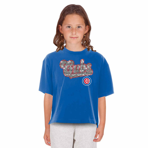 Chicago Cubs New Era Youth Royal Blue Script Bullseye Short Sleeve Tee Shirt