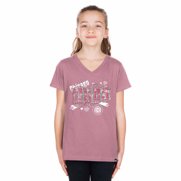 Chicago Cubs New Era Youth Pink Power Script Bullseye Short Sleeve Tee Shirt