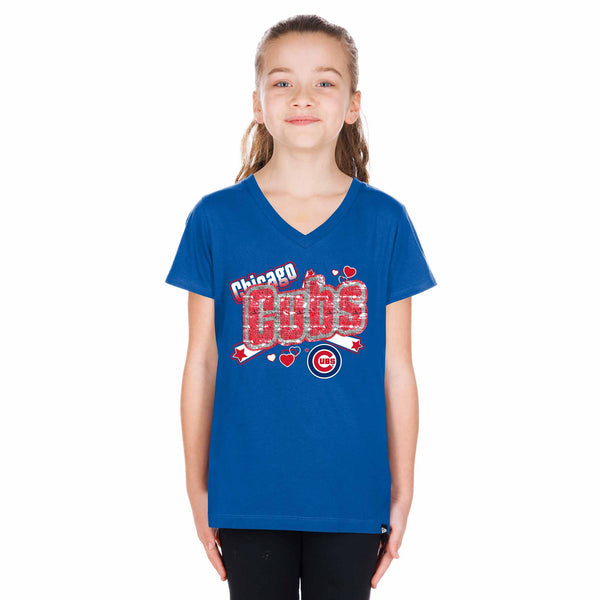Chicago Cubs New Era Youth Blue Power Script Bullseye Short Sleeve Tee Shirt