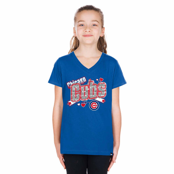 Chicago Cubs New Era Youth Blue Power Script Bullseye Short Sleeve Tee Shirt