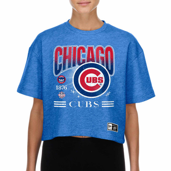 Chicago Cubs New Era Women's Throwback Walking Bear Multi Logo Short Sleeve Tee Shirt