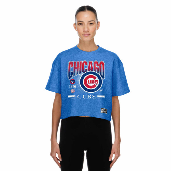 Chicago Cubs New Era Women's Throwback Walking Bear Multi Logo Short Sleeve Tee Shirt