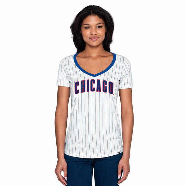 Chicago Cubs Ladies Pinstripe V-Neck T-Shirt