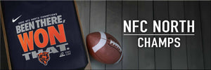 Shop Chicago Bears Playoff and NFC North Champions merchandise at Wrigleyville Sports, including this Chicago Bears Nike 2025 NFC North Division Champs Trophy Collection Locker Room T Shirt.