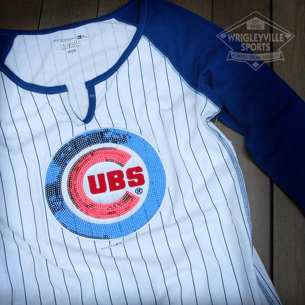 Chicago Cubs Ladies Pinstripe 3/4-Sleeve Notch Neck Raglan T-Shirt