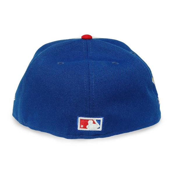 blue fitted hat with patch