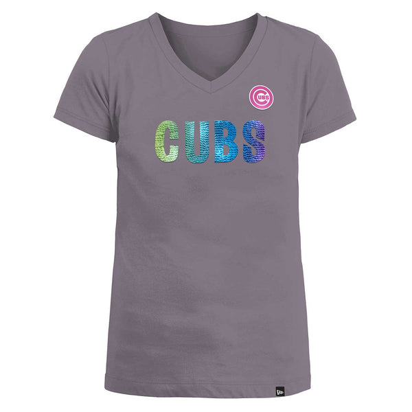 Chicago Cubs Youth Girls Rainbow Sequin V-Neck T-Shirt