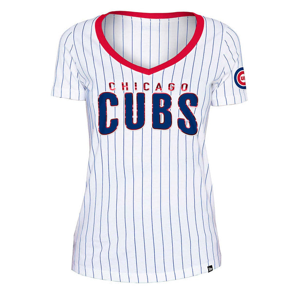 Chicago Cubs Ladies Bullseye Pinstripe V-Neck T-Shirt
