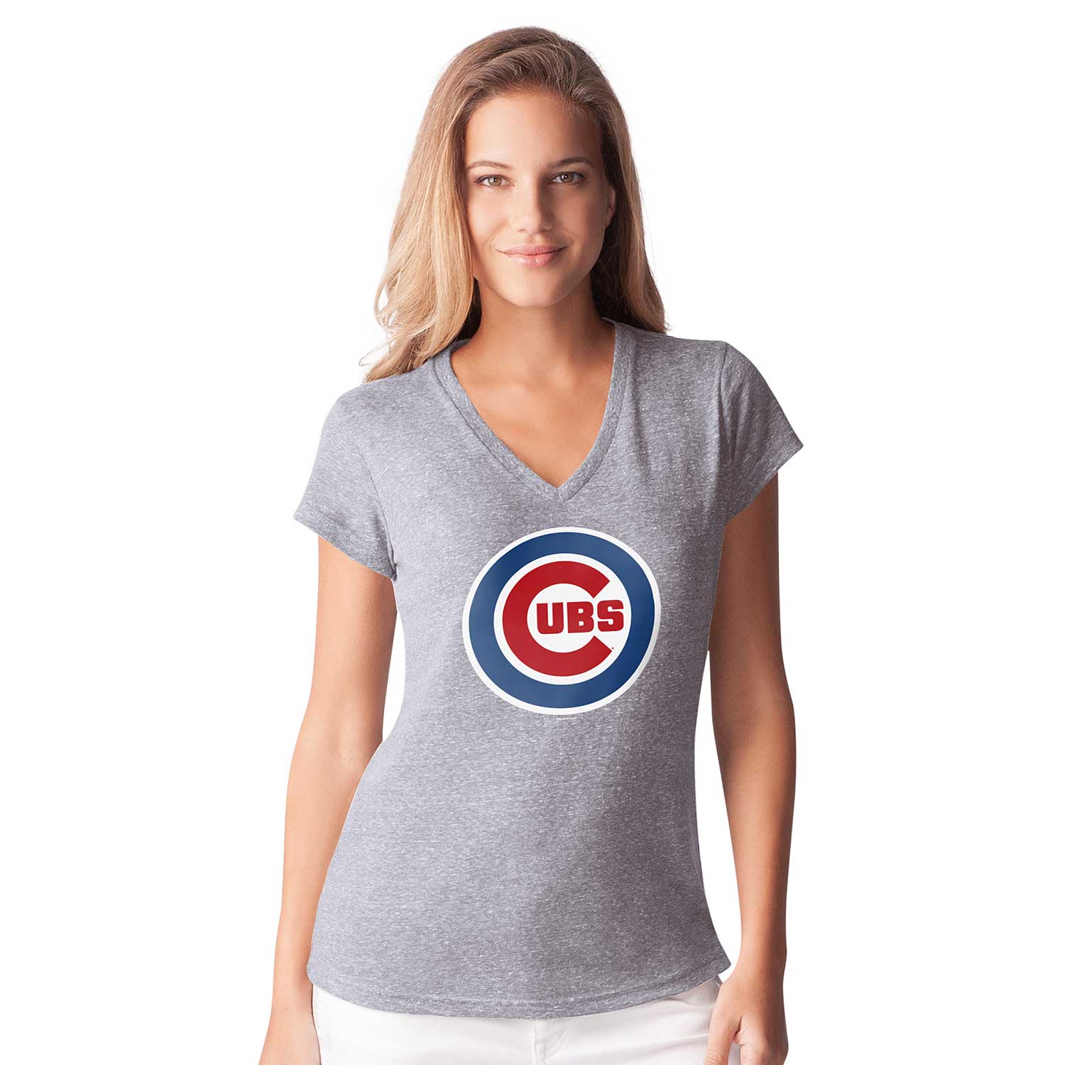 Touch Chicago Cubs Ladies Grey Alumni Bullseye V-Neck T-Shirt Medium
