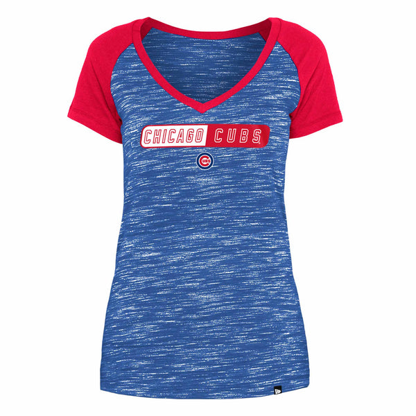 Chicago Cubs Ladies Two Tone V-Neck Wordmark T-Shirt